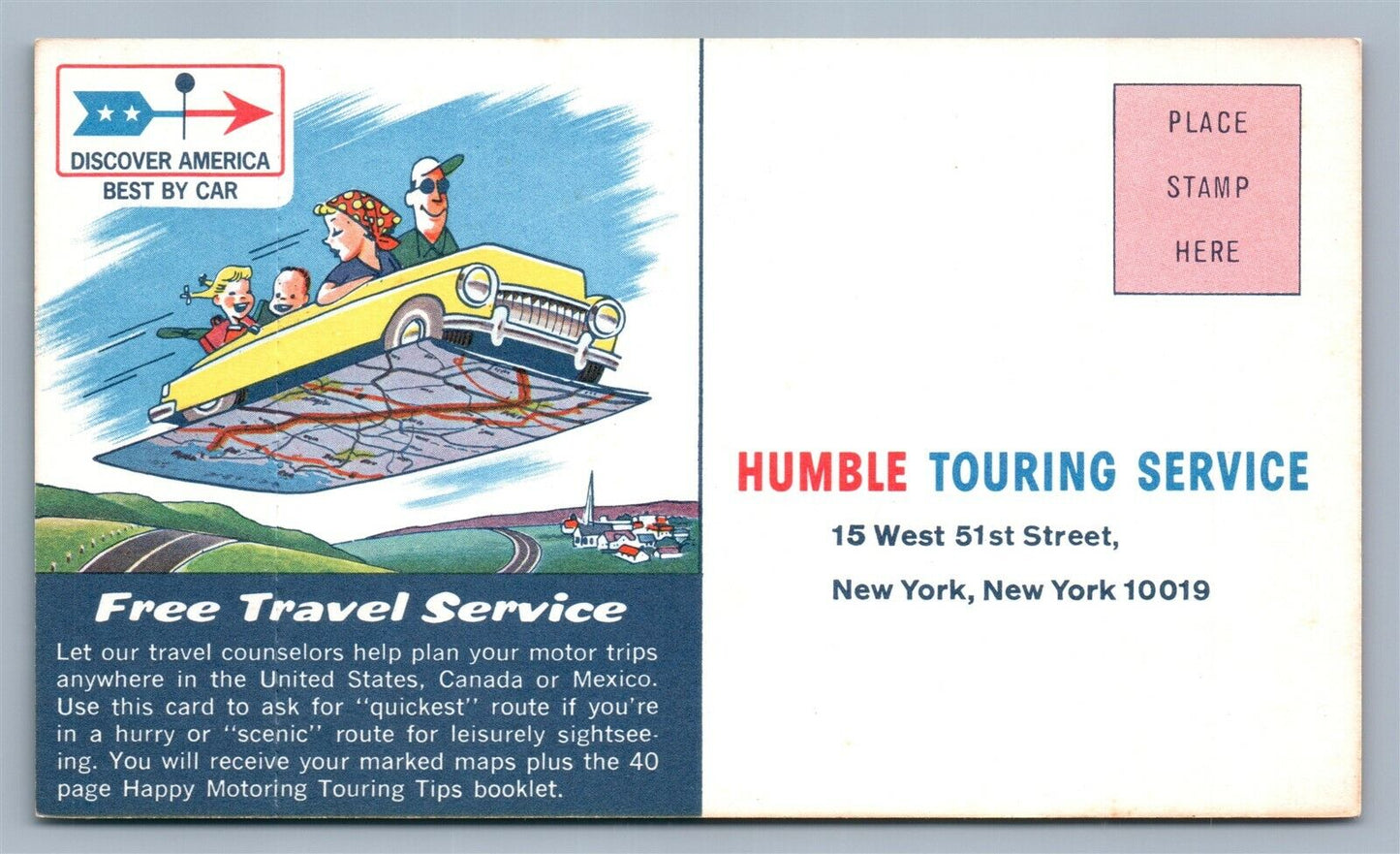 HUMBLE TOURING SERVICE TRAVEL by CAR ADVERTISING NEW YORK NY ANTIQUE POSTCARD