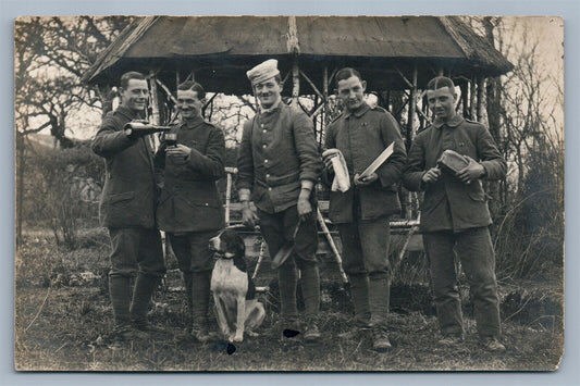 GERMAN WWI MILITARY WINE DRINKERS GROUP w/ DOG ANTIQUE REAL PHOTO POSTCARD RPPC