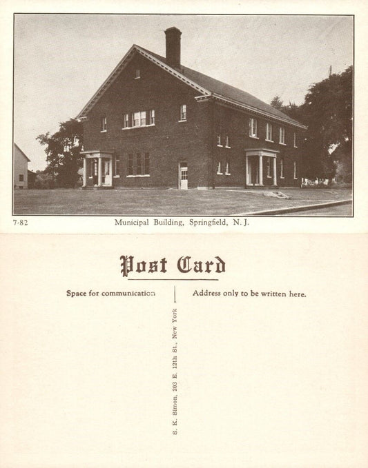 SPRINGFIELD N.J. MUNICIPAL BUILDING ANTIQUE POSTCARD