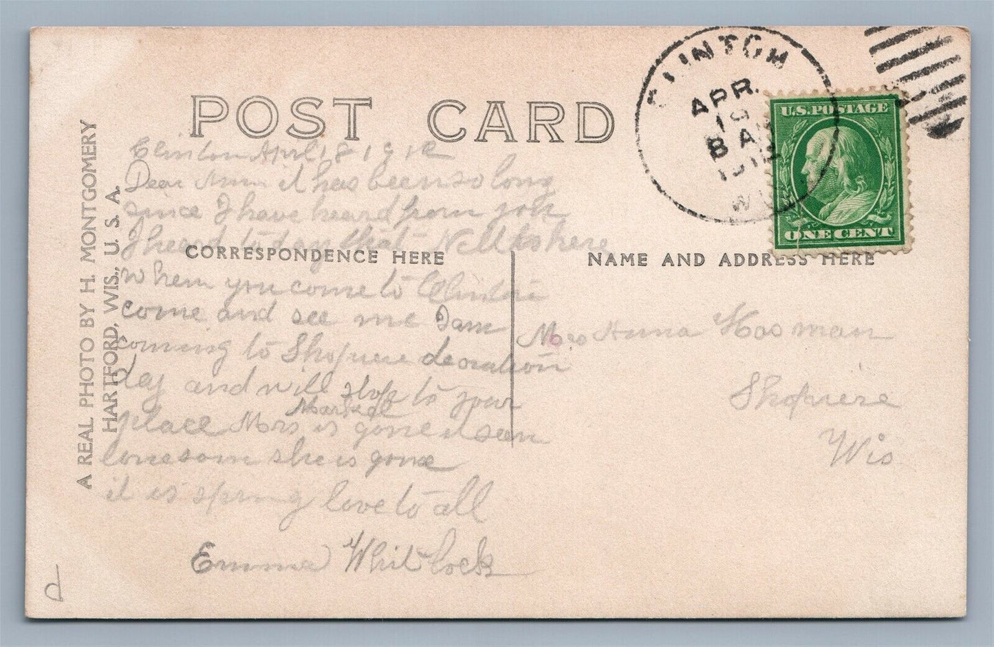 CLINTON WI PUBLIC SCHOOL ANTIQUE REAL PHOTO POSTCARD RPPC w/ CORK CANCEL