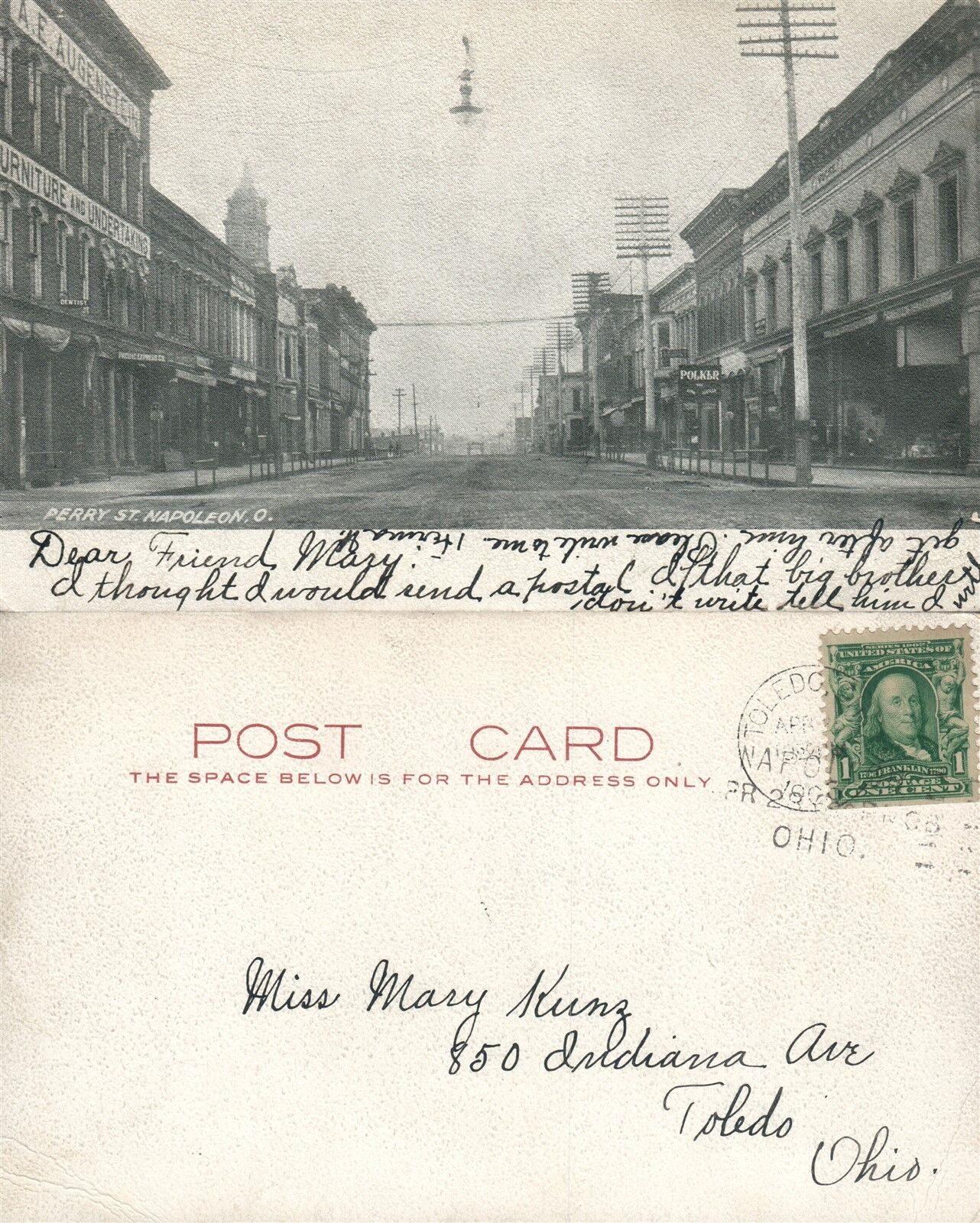 NAPOLEON OH PERRY STREET 1908 UNDIVIDED ANTIQUE POSTCARD