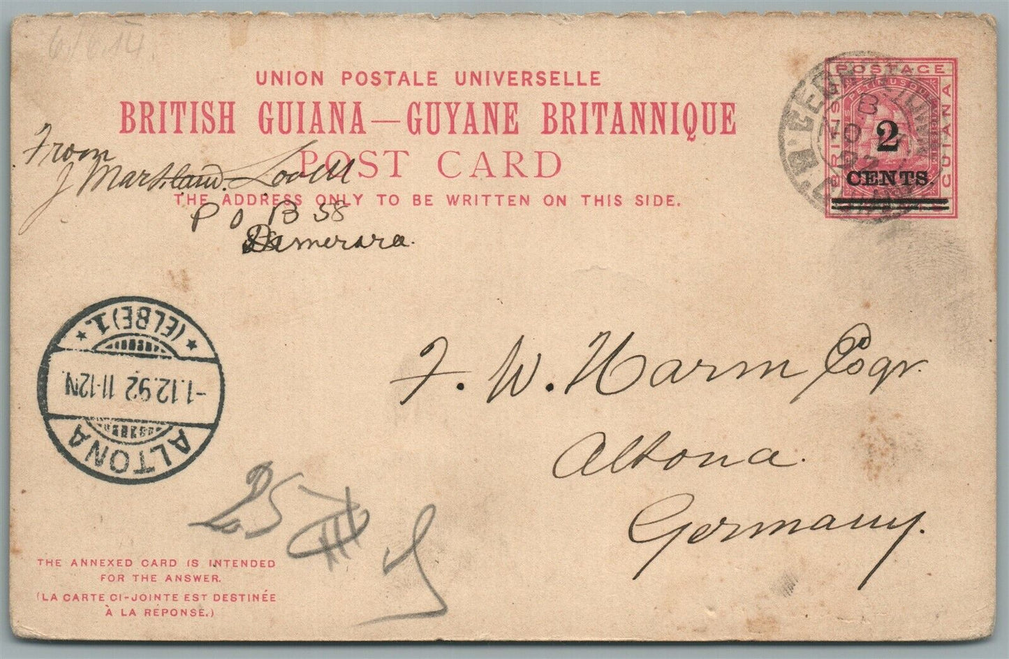 BRITISH GUIANA 1892 ANTIQUE COVER w/ STAMP