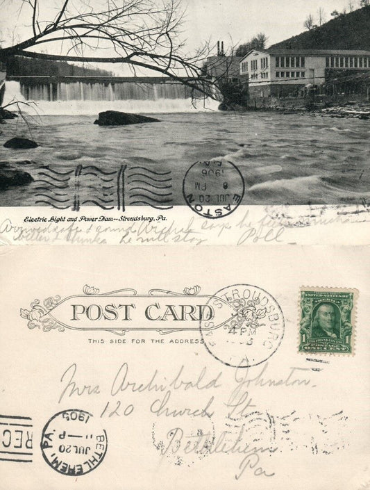 STROUDSBURG PA ELECTRIC LIGHT & POWER DAM 1906 UNDIVIDED ANTIQUE POSTCARD