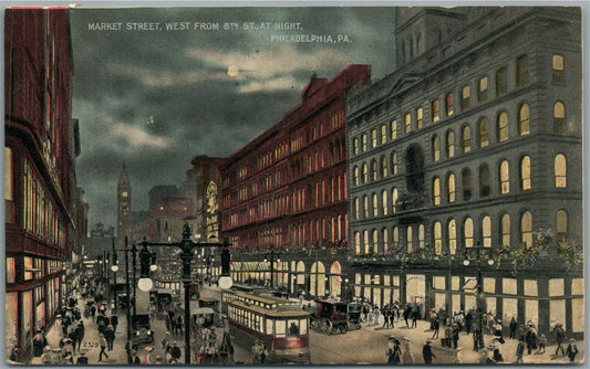 PHILADELPHIA PA MARKET STREET AT NIGHT ANTIQUE POSTCARD
