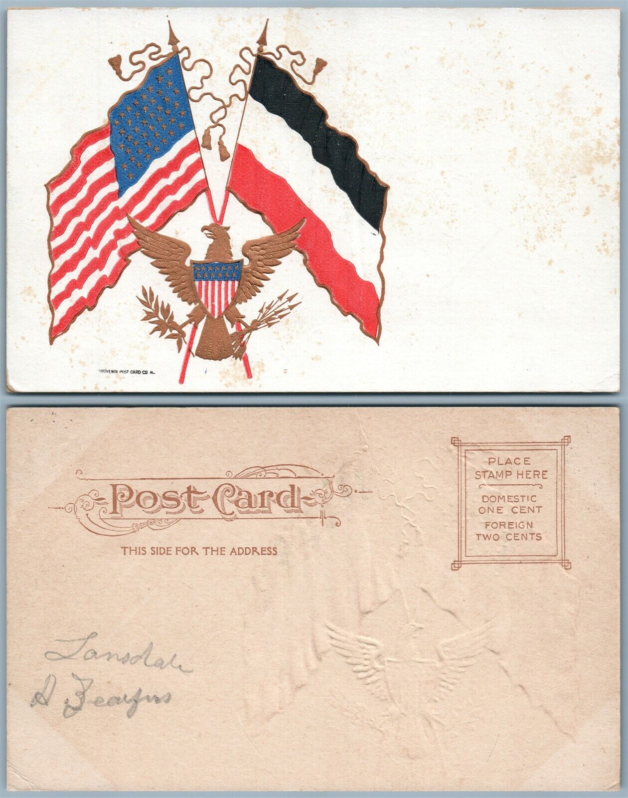 AMERICAN & GERMAN FLAGS & EAGLE EMBOSSED ANTIQUE UNDIVIDED POSTCARD