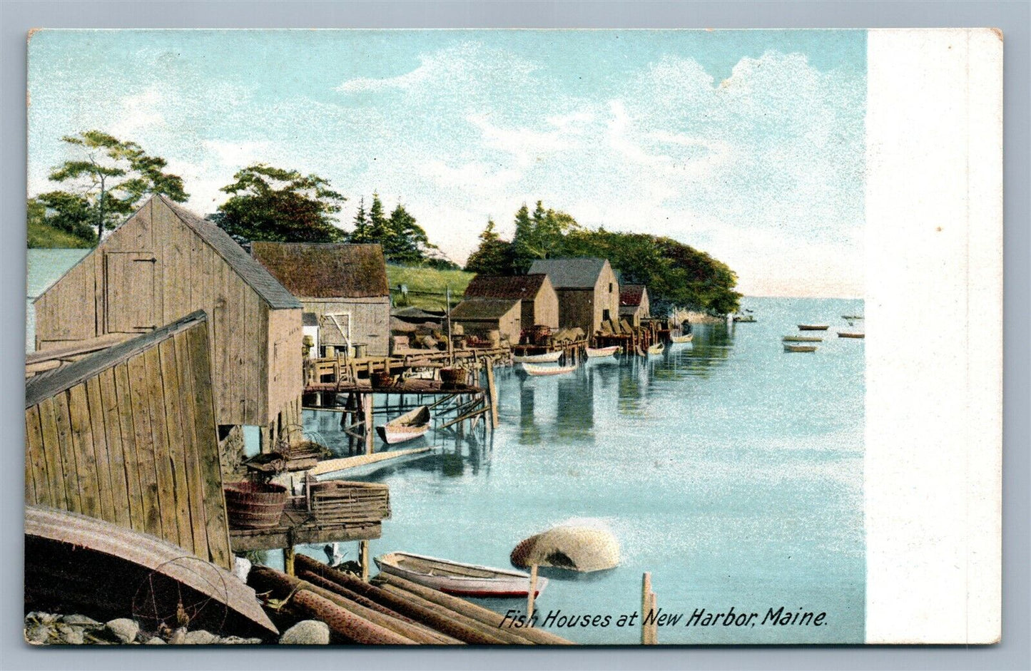 NEW HARBOR ME FISH HOUSES ANTIQUE POSTCARD