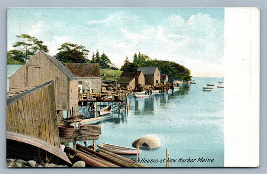 NEW HARBOR ME FISH HOUSES ANTIQUE POSTCARD