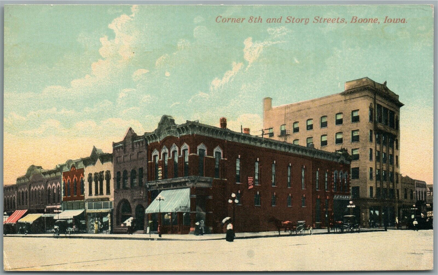 BOONE IA CORNER 8th and STORY STREETS ANTIQUE POSTCARD