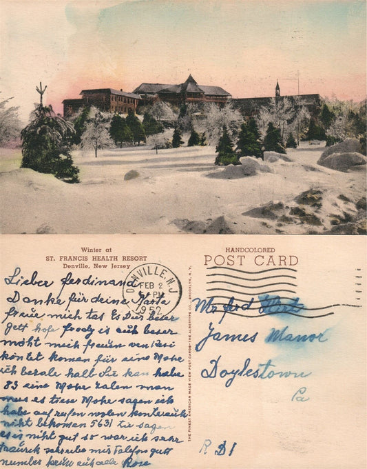 DENVILLE N.J. ST.FRANCIS HEALTH RESORT HAND COLORED 1952 VINTAGE POSTCARD
