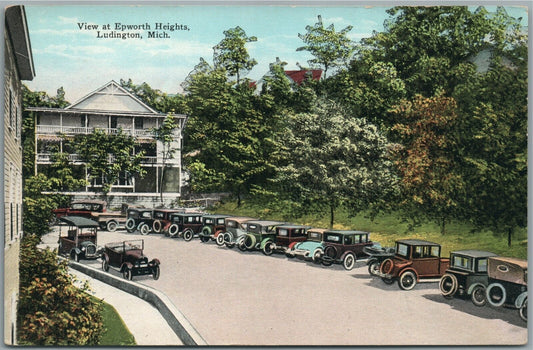 LUDINGTON MI EPWORTH HEIGHTS VIEW OLD CARS PARKING ANTIQUE POSTCARD