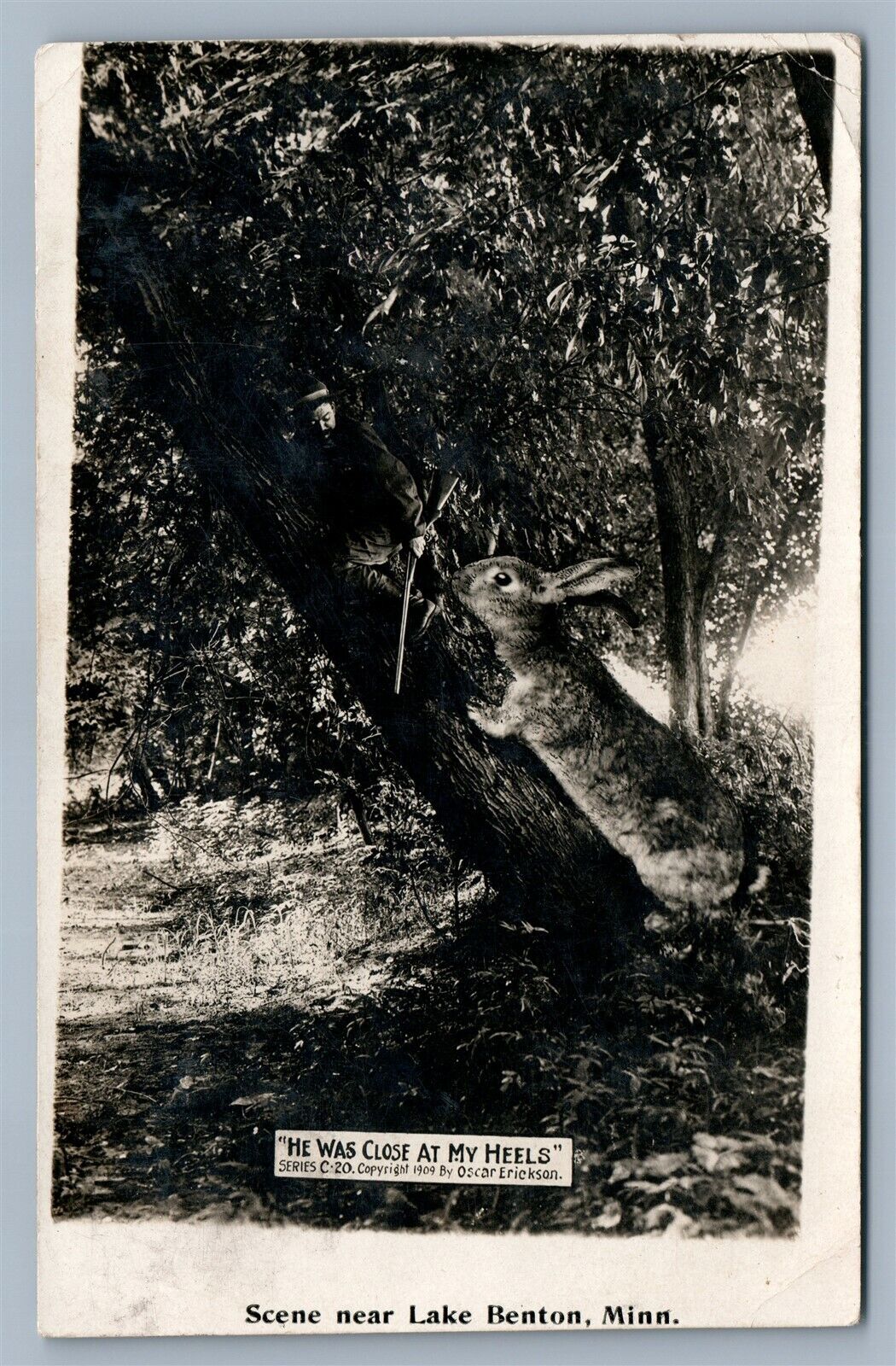 LAKE BENTON MN EXAGGERATED RABBIT HUNTING 1909 VINTAGE REAL PHOTO POSTCARD RPPC