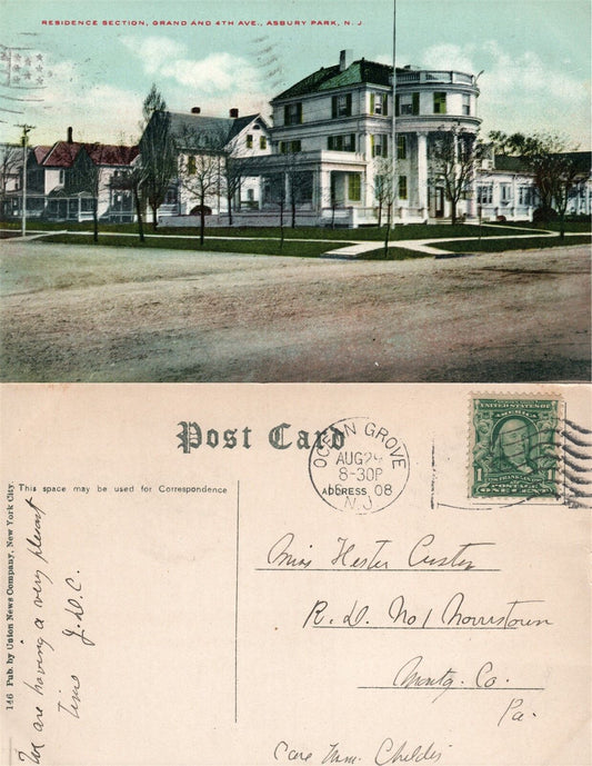 ASBURY PARK N.J. GRAND & 4th AVE. RESIDENCE SECTION 1908 ANTIQUE POSTCARD