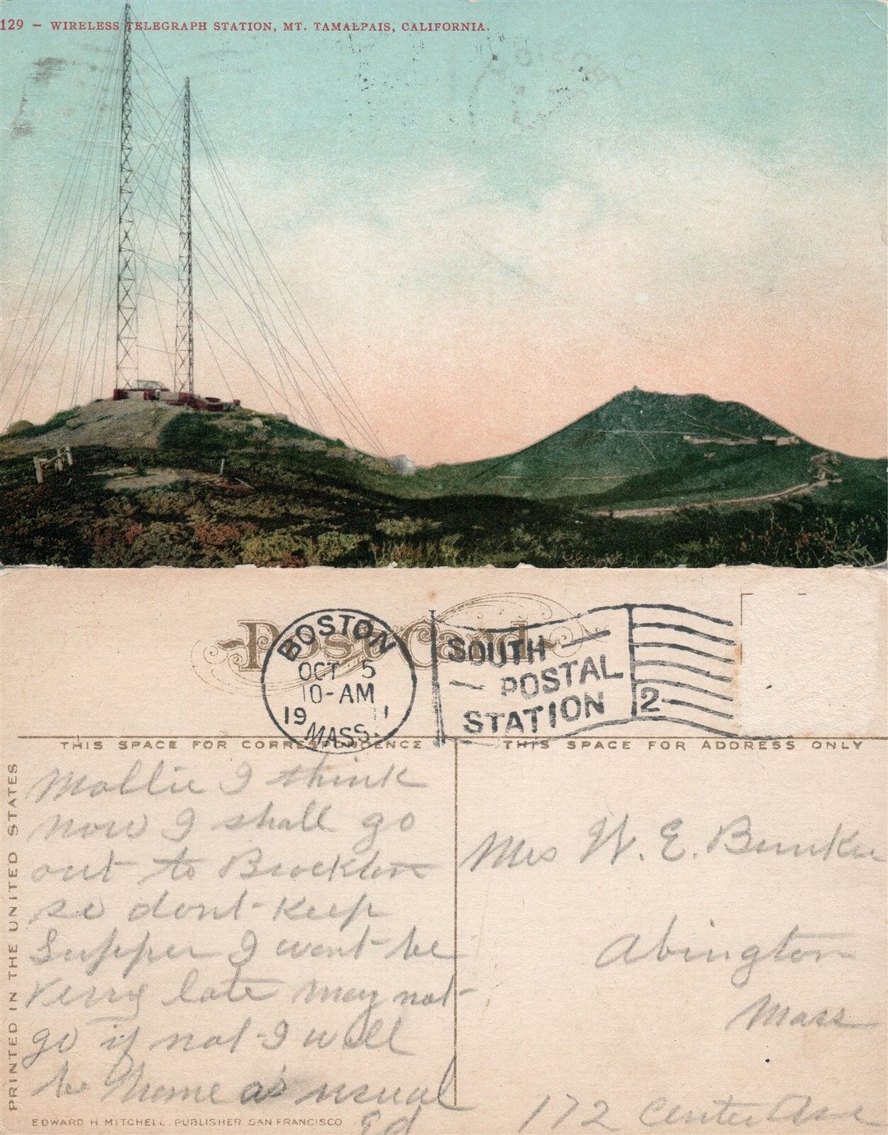 MT.TAMALPAIS CA WIRELESS TELEGRAPH STATION 1911 ANTIQUE POSTCARD