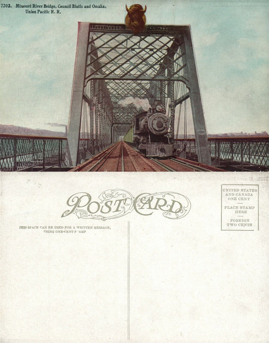 MISSOURI RIVER UNION PACIFIC RAILROAD BRIDGE ANTIQUE POSTCARD railway train