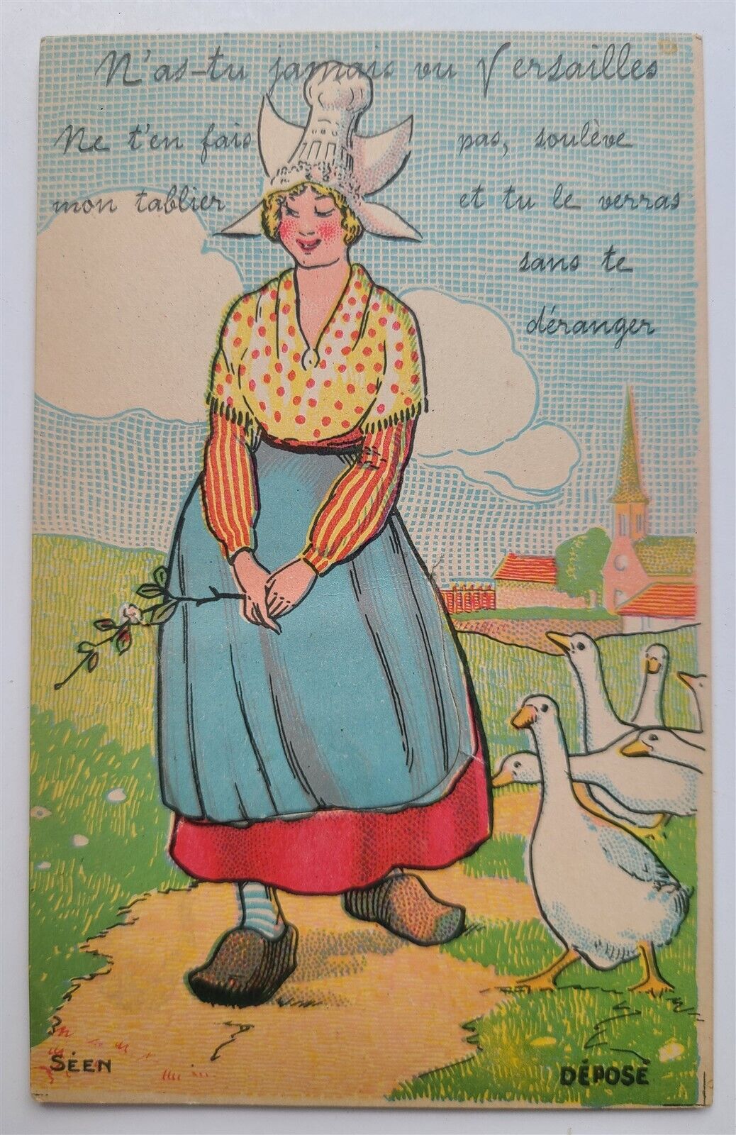 FRENCH ANTIQUE COMIC POSTCARD w/FOLDING VERSAILLES MINIATURE VIEWS PEASANT GIRL