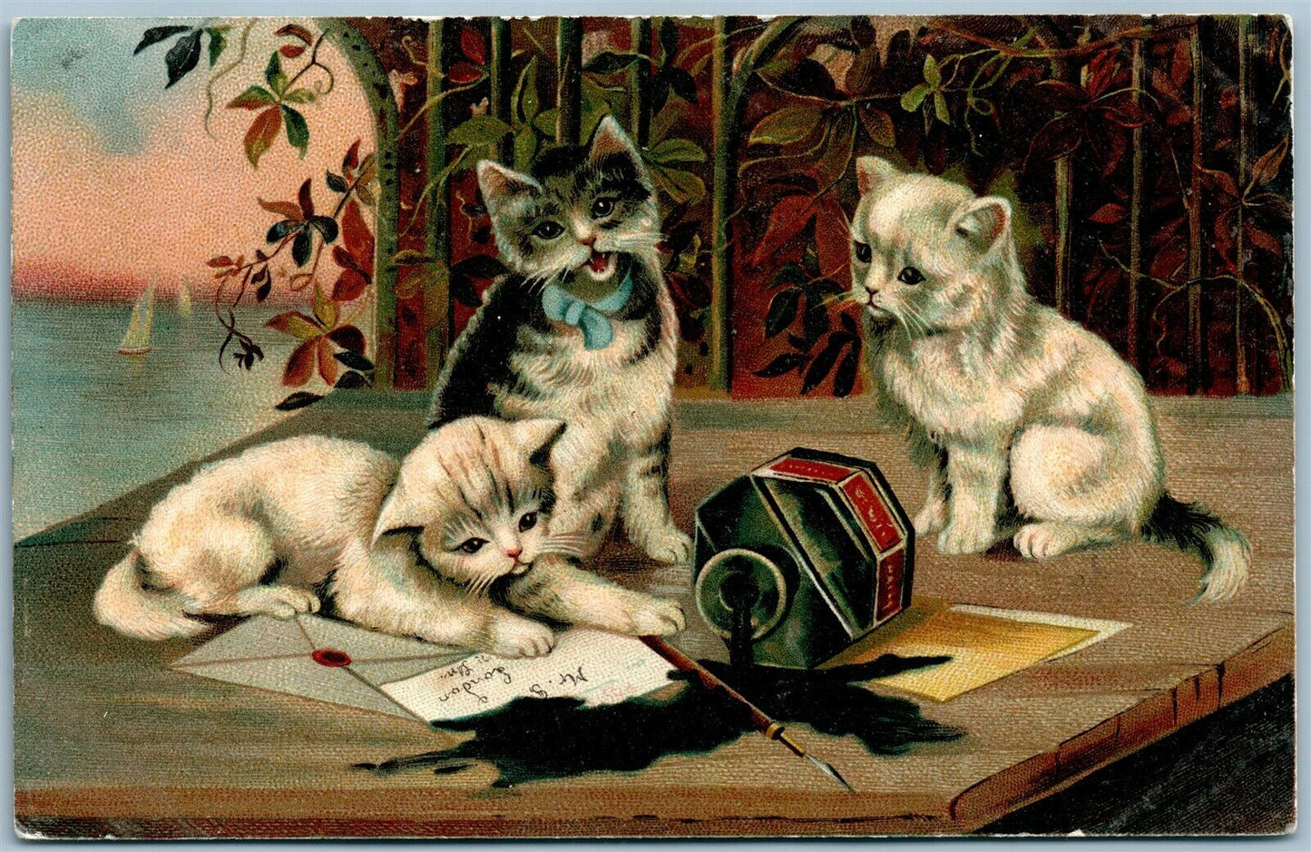 CATS w/ INKWELL ANTIQUE POSTCARD