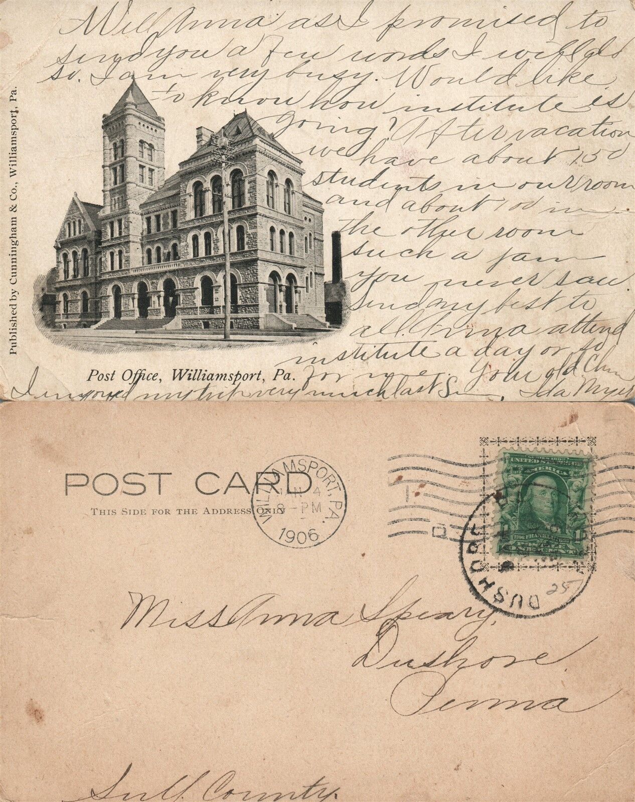 WILLIAMSPORT PA POST OFFICE 1906 UNDIVIDED ANTIQUE POSTCARD