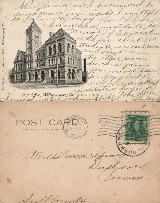 WILLIAMSPORT PA POST OFFICE 1906 UNDIVIDED ANTIQUE POSTCARD