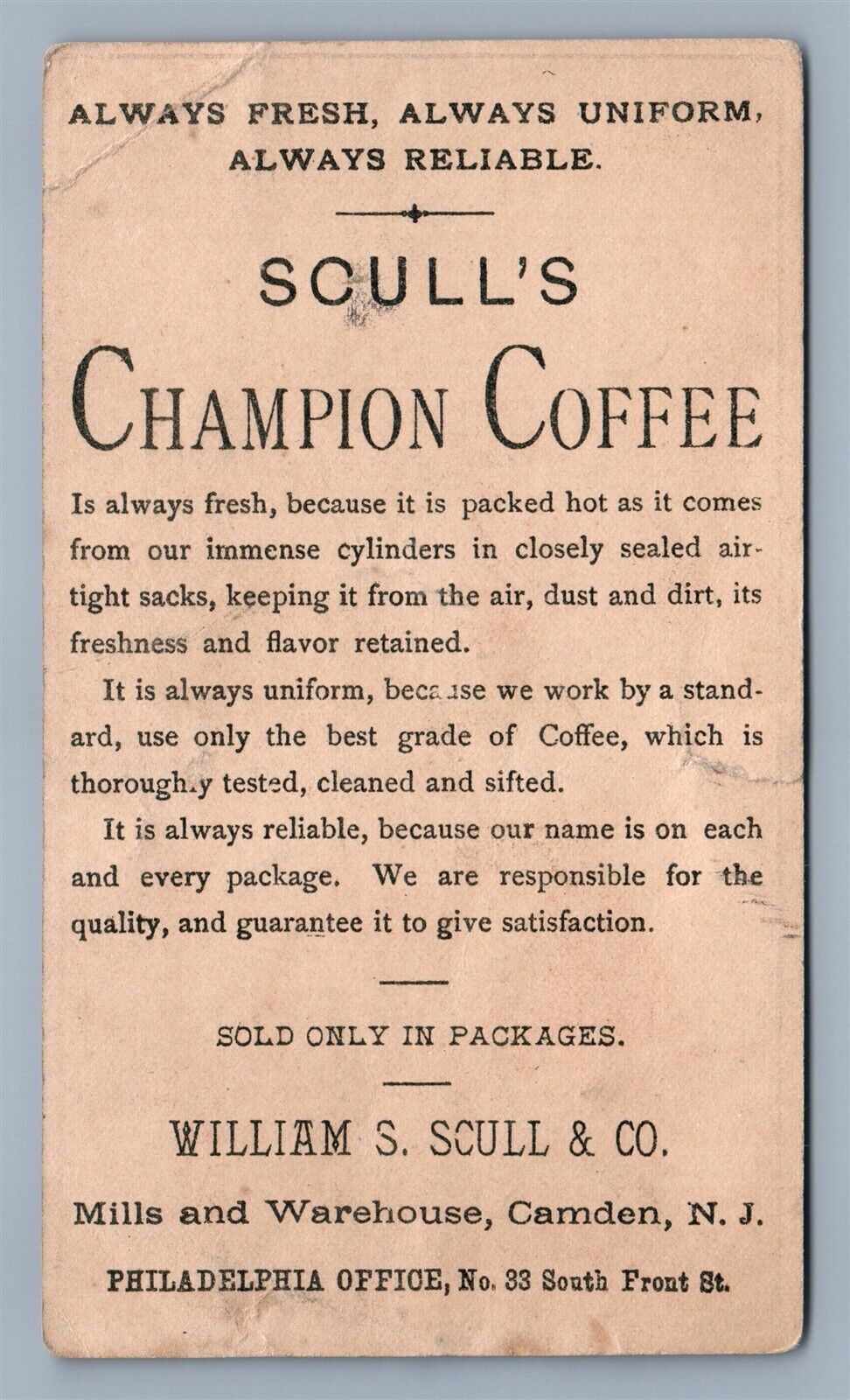 VICTORIAN TRADE CARD WILLIAM SCULL'S CHAMPION COFFEE CAMDEN NJ antique