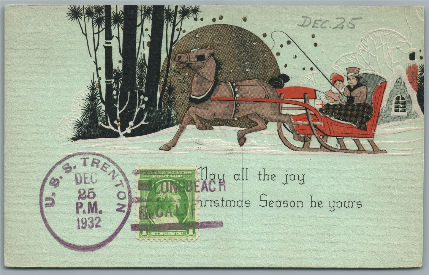 U.S.S. TRENTON CANCEL CHRISTMAS ANTIQUE POSTCARD