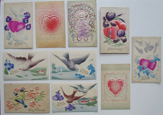 LOT of 10 VALENTINE EMBOSSED ANTIQUE POSTCARDS DOVES CUPID HEARTS