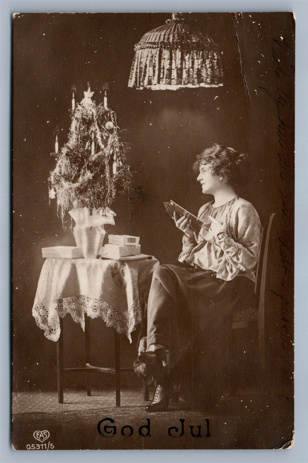 DREAMING FIRL w/ CHRISTMAS TREE ANTIQUE REAL PHOTO POSTCARD RPPC