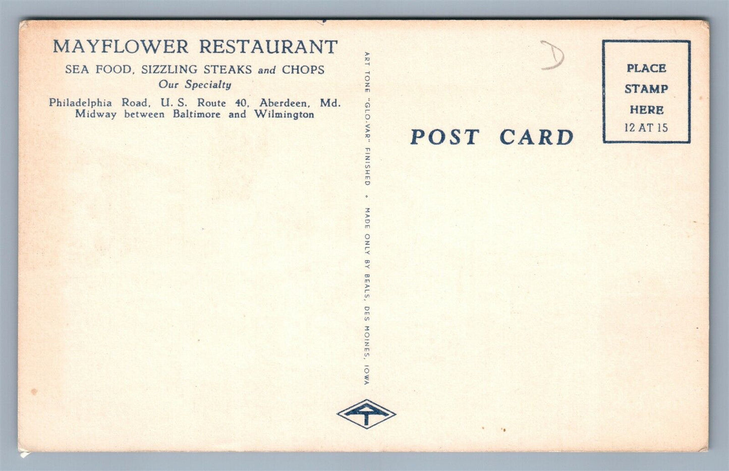 ABERDEEN MD MAYFLOWER RESTAURANT ADVERTISING VINTAGE POSTCARD