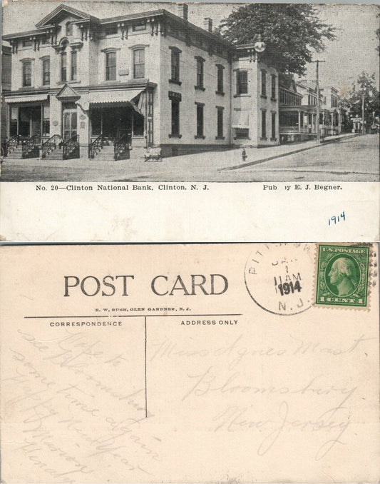 ANTIQUE 1914 POSTCARD CLINTON N.J. NATIONAL BANK