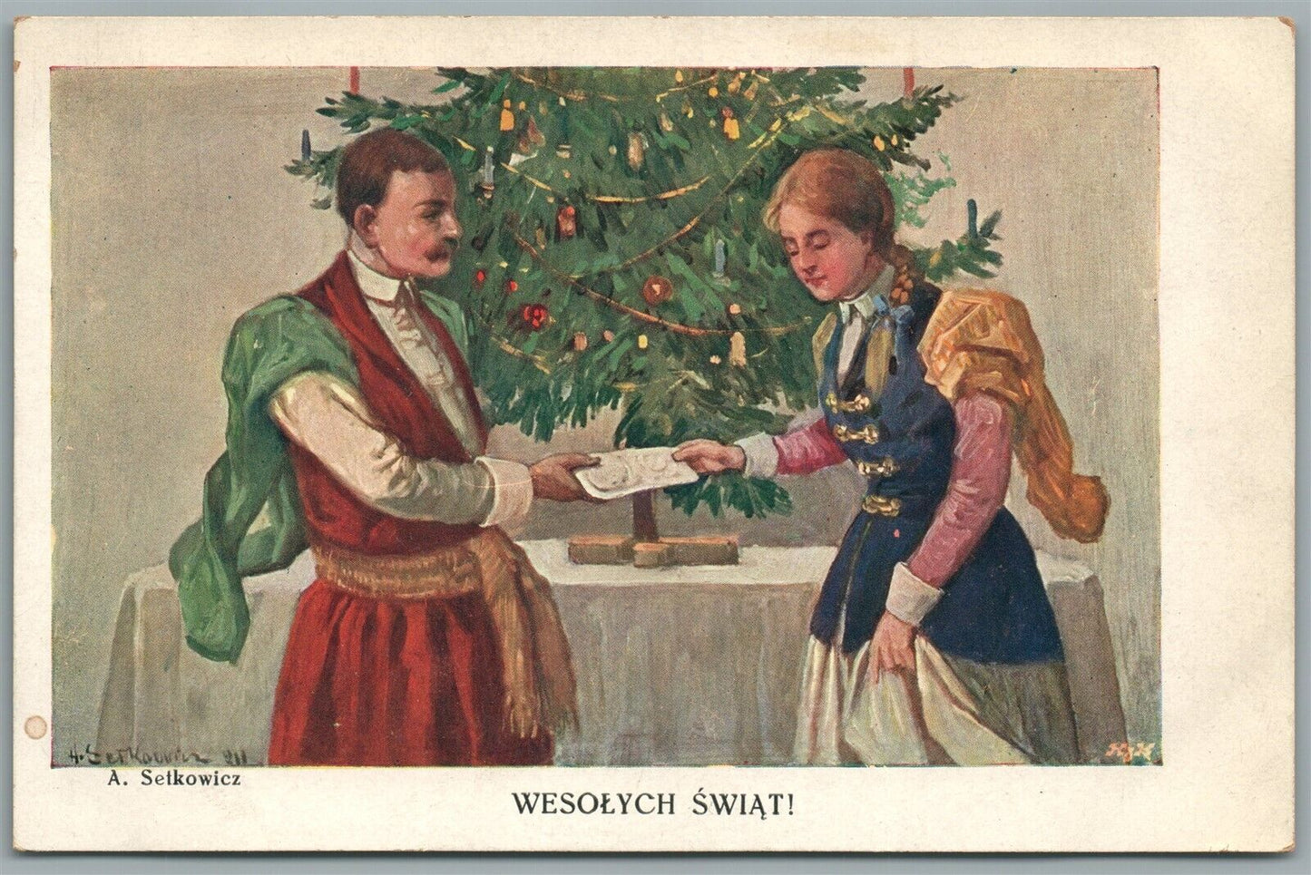 NEW YEAR ANTIQUE POLISH POSTCARD w/ CHRISTMAS TREE