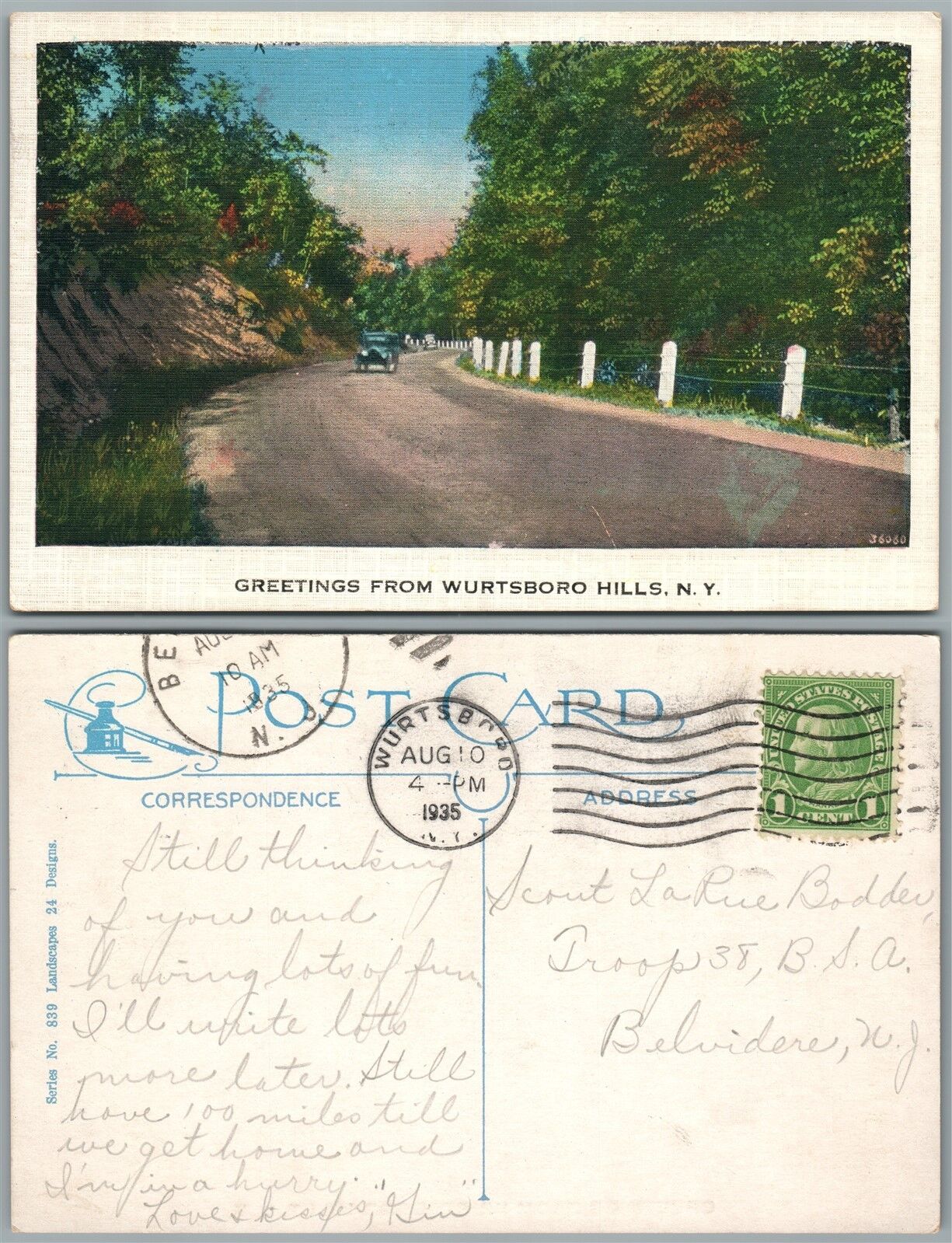 WURTSBORO HILLS N.Y. 1935 ANTIQUE POSTCARD