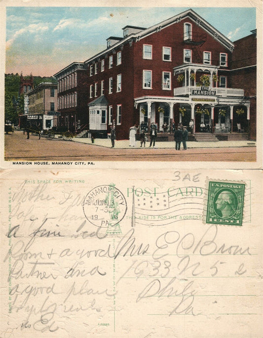 MANAHOY CITY PA MANSION HOUSE 1916 ANTIQUE POSTCARD