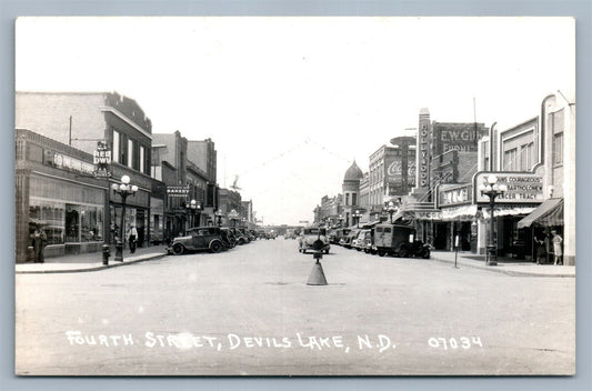 DEVILS LAKE ND FOURTH STREET VINTAGE REAL PHOTO POSTCARD RPPC