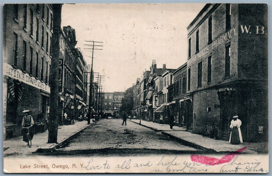 OWEGO NY LAKE STREET 1907 ANTIQUE POSTCARD