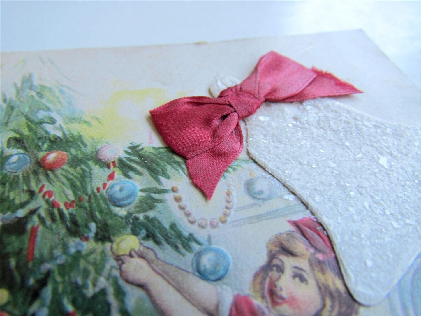 CHRISTMAS TREE w/ APPLIQUE SILK BOW ANTIQUE POSTCARD