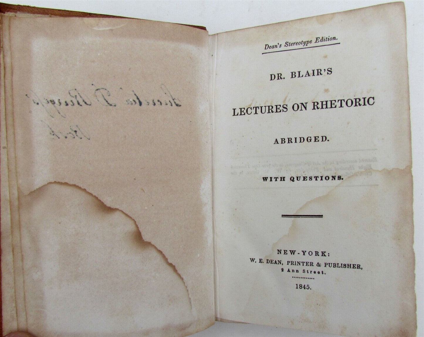 1845 DR.BLAIR'S LECTURES on RHETORIC ABRIDGED ANTIQUE BOOK AMERICANA