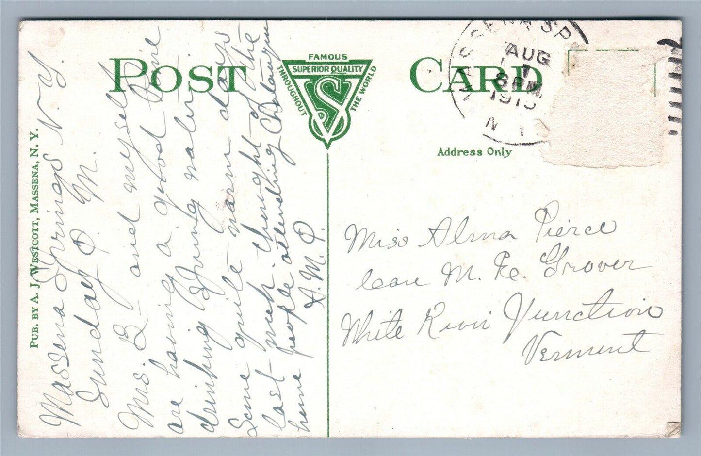 MASSENA NY WEST ORVIS STREET ANTIQUE POSTCARD