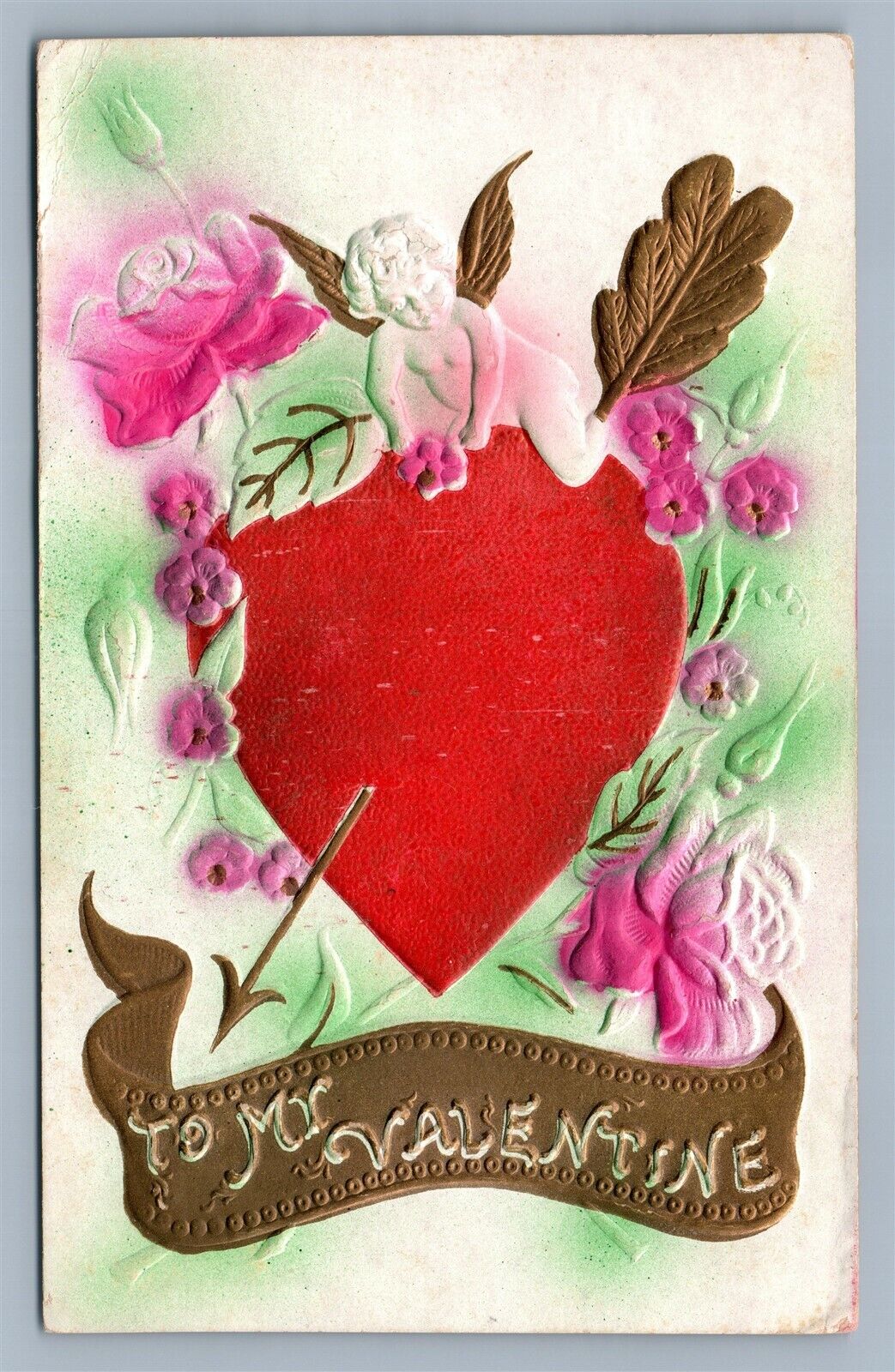 TO MY VALENTINE EMBOSSED ANTIQUE POSTCARD CUPID in FLOWERS w/ HEART