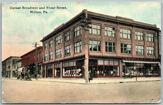 MILTON PA CORNER BROADWAY & FRONT STREET 1911 ANTIQUE POSTCARD