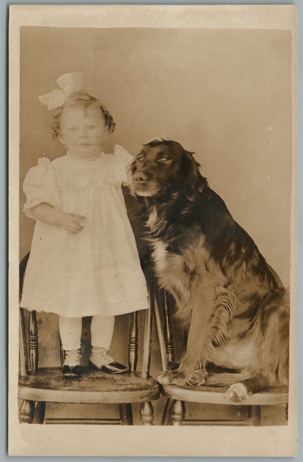 BABY GIRL w/ DOG ANTIQUE REAL PHOTO POSTCARD RPPC