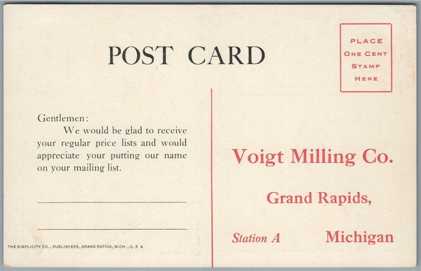 GRAND RAPIDS MI VOIGT MILLING CO. ADVERTISING ANTIQUE POSTCARD