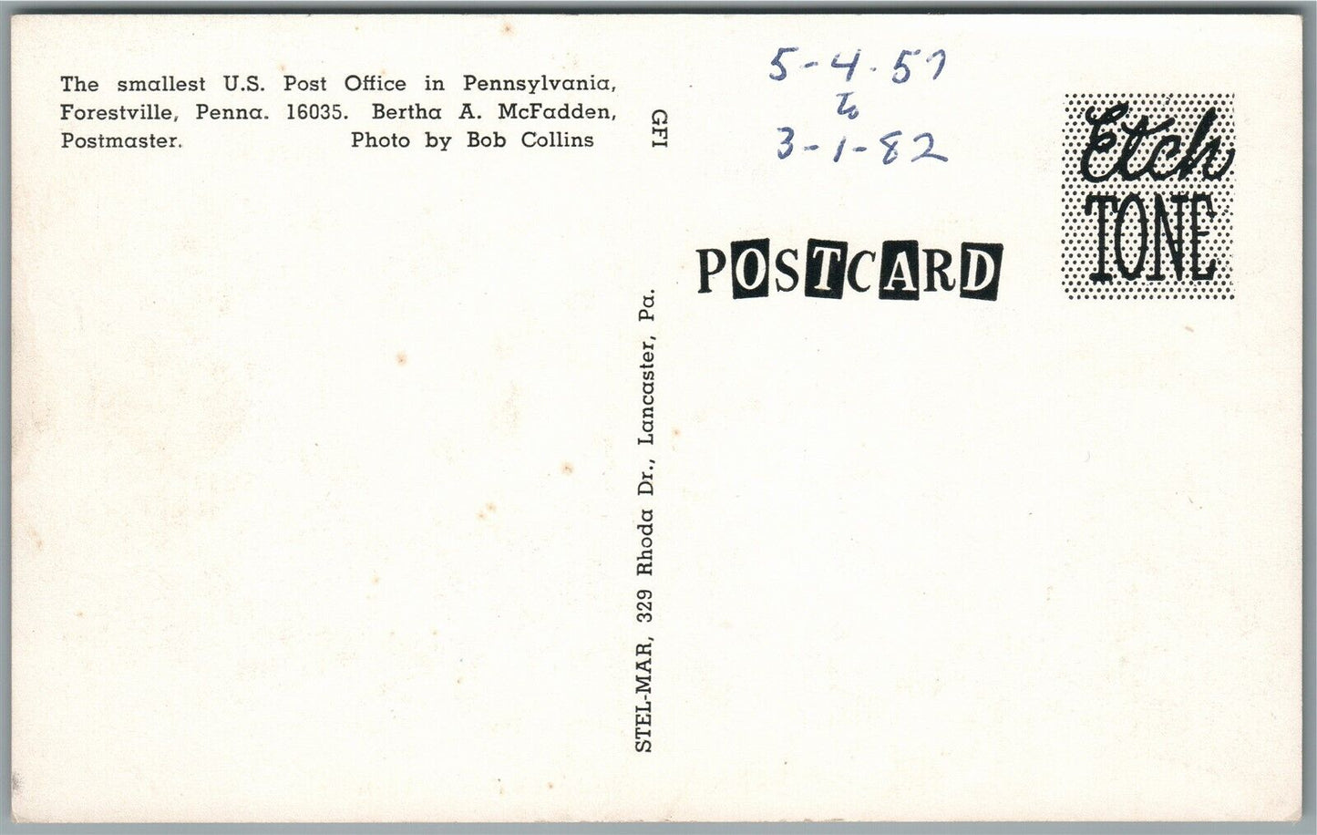 FORESTVILLE PA POST OFFICE VINTAGE POSTCARD