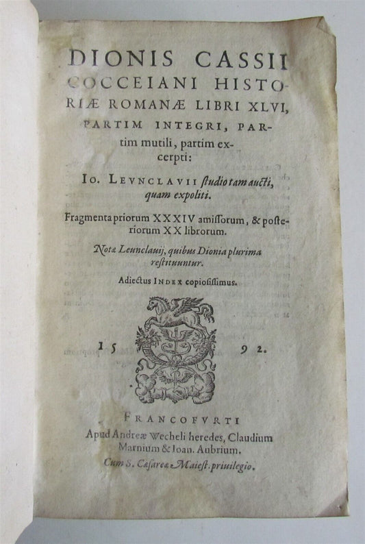 1592 ROMAN HISTORY by Dion Cassius antique VELLUM BOUND 16th CENTURY