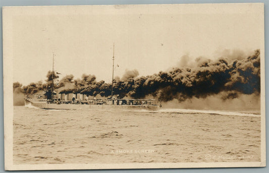 SEA BATTLE SCENE SMOKE SCREEN ANTIQUE REAL PHOTO POSTCARD RPPC