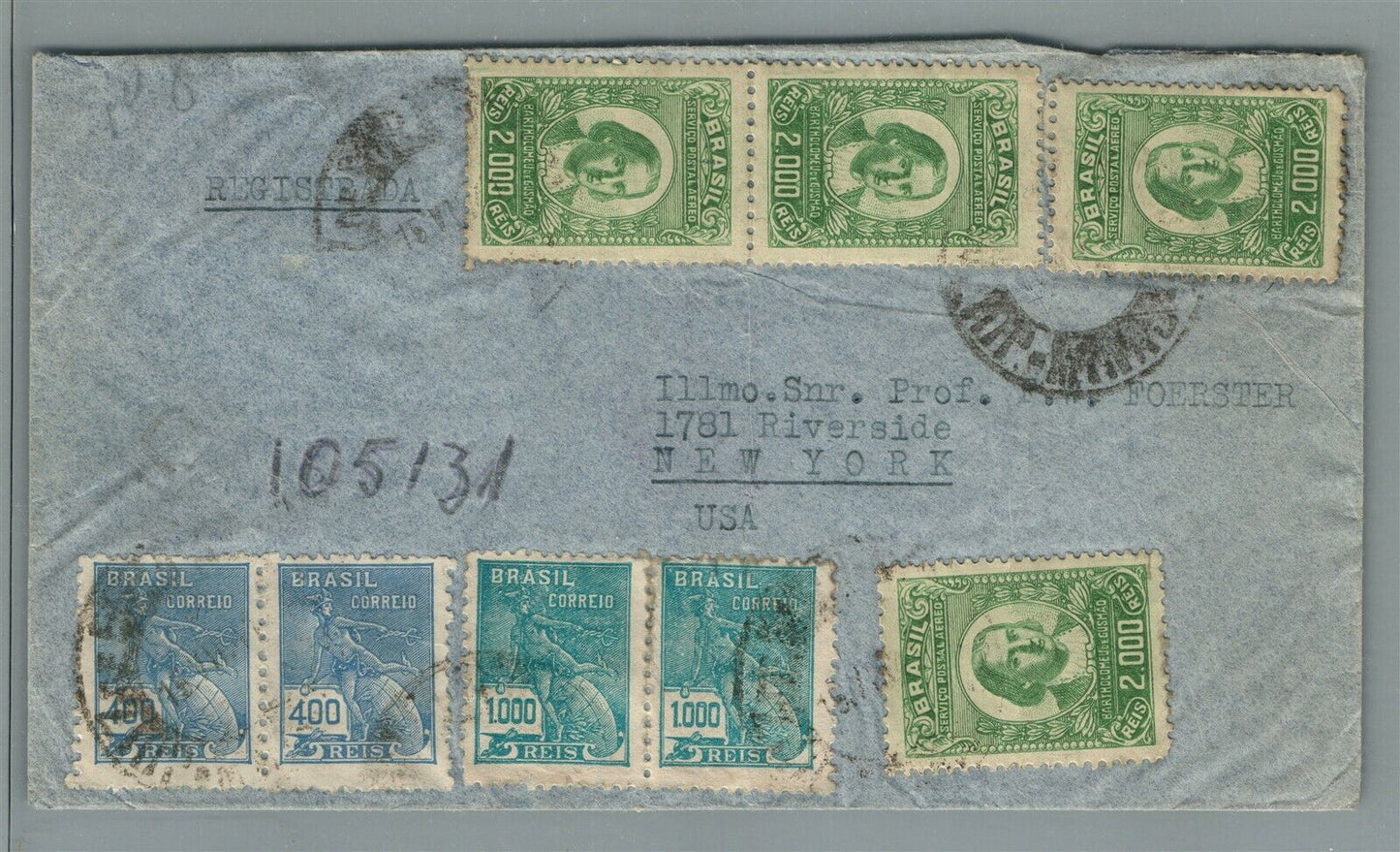 BRAZIL to NY USA 1941 VINTAGE COVER w/ STAMPS