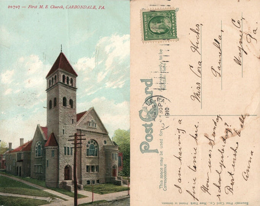 CARBONDALE PA FIRST M.E. CHURCH 1910 ANTIQUE POSTCARD
