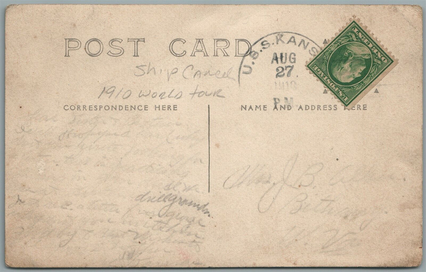 USS KANSAS CANNON CREW ANTIQUE REAL PHOTO POSTCARD RPPC w/ SHIP CANCEL