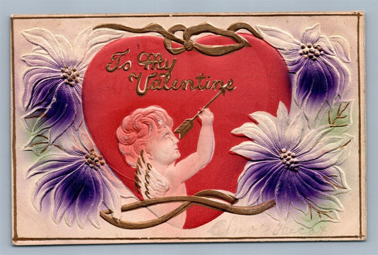 VALENTINE EMBOSSED ANTIQUE POSTCARD CUPID w/ ARROW & RED HEART