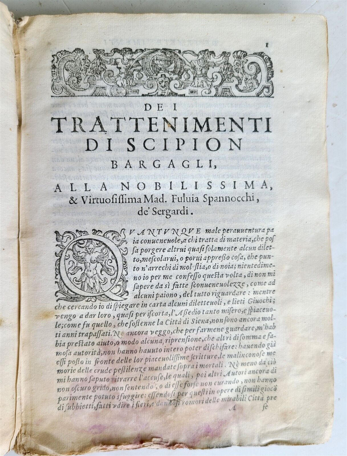 1592 I TRATTENIMENTI DI SCIPION BARGAGLI antique VELLUM BINDING