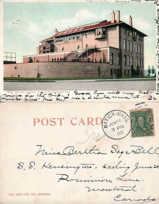 BOSTON MA MRS JACK GARDNER'S VENETIAN PALACE 1908 UNDIVIDED ANTIQUE POSTCARD