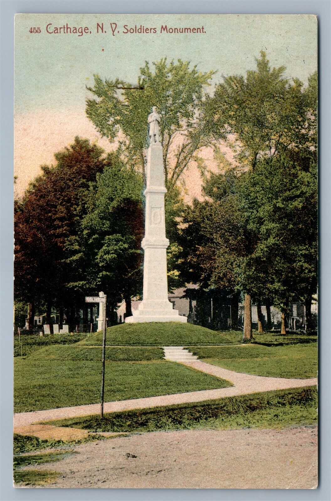 CARTHAGE NY SOLDIER'S MONUMENT ANTIQUE POSTCARD w/ CORK CANCEL